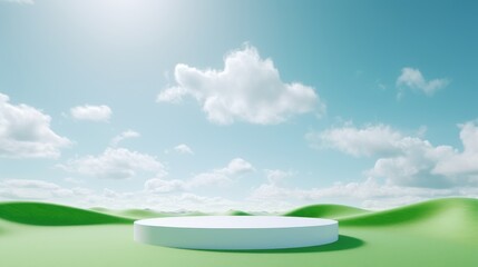 Obraz premium Empty podium for cosmetic showcase, scene for product exhibition, display, presentation. green field and blue sky background