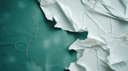 Torn wallpaper. Background of green and white paper wallpaper on an old wall.