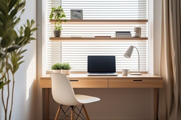 Interior of modern office with white walls, wooden floor, comfortable computer desk and bookcase with folders - obrazy, fototapety, plakaty