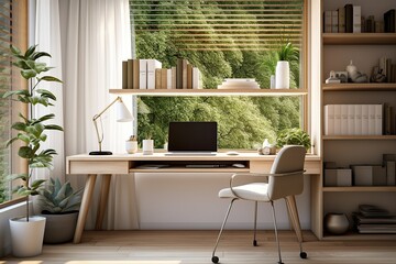 Interior of modern office with white walls, wooden floor, comfortable computer desk and bookcase...