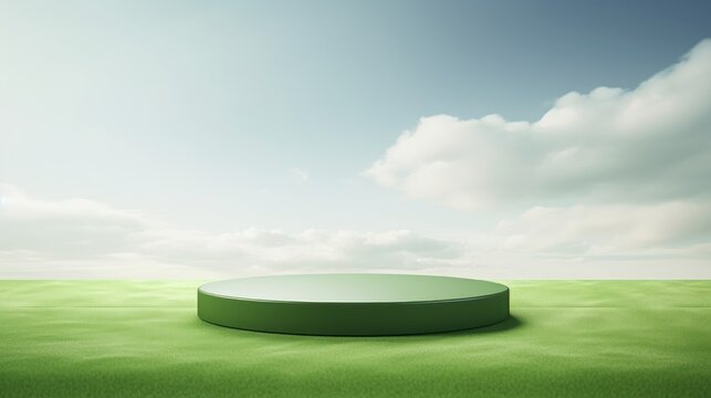 Empty podium for cosmetic showcase, scene for product exhibition, display, presentation. green field and blue sky background