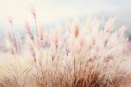 watercolor pampas grass outdoor in light pastel colors. Grass flowers field, White grass in nature with sunlight.
