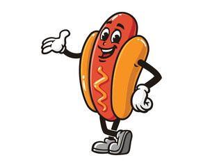 Hot dog Cartoon mascot illustration character  vector with hands welcome pose