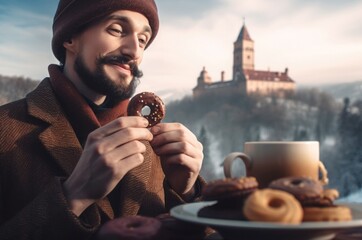Man holding eating cook. Attractive mustachioed man drinking hot drink with pastries. Generate AI - obrazy, fototapety, plakaty