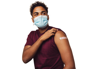 Vaccinated man with a face mask isolated on a transparent background - obrazy, fototapety, plakaty