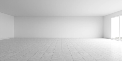 An Empty Room with a Large Window, Waiting for the Warm Sunlight to Fill the Space 3d render illustration