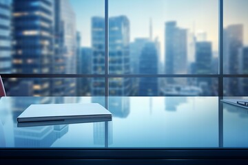 Glass office desk with book in front of windows and cityscape background