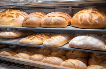 Bread bakery with baked loafs. Ai images generative.