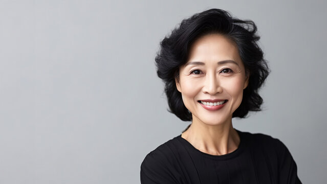 Happy smiling mature Asian woman in black shirt, professional studio portrait, copy space