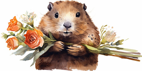 Groundhog Holding an Orange Rose Flowers. Watercolour Illustration of a Cute Anthropomorphic Groundhog Isolated on White. - obrazy, fototapety, plakaty