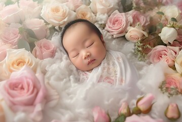 Fototapeta na wymiar Newborn Chinese baby in floral composition. Infant sleeping in blossom pink flowers. Generate ai