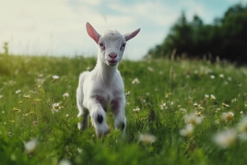 Naklejka na ściany i meble goat kid is playing in the grass
