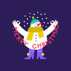 Cute Christmas Snowman. Merry Christmas and Happy new year greeting card. 