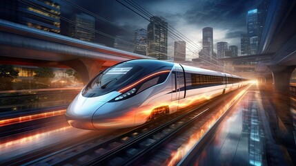 A high-speed train rushes along the tracks with exhilarating speed and precision. Modern transportation, rapid travel, sleek locomotive, motion blur, urban connectivity. Generated by AI.
