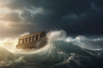 Wooden boat ocean. Noahs ark floating huge and dangerous waves storm. Generate AI