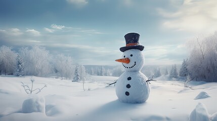Obraz premium Adorable snowman with a carrot nose and a top hat, set amidst a serene snowy field. Classic winter scene, holiday decoration, seasonal joy, frosty landscape. Generated by AI.
