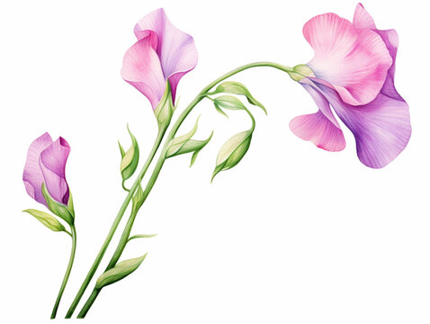 Pink Sweet Pea Flower. Watercolour Illustration of  Purple Sweet Peas Stem Isolated on White Background.