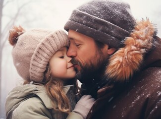 Portrait of happy family: Father and baby daughter on Winter Vacation in park. Happy, joyful family. - obrazy, fototapety, plakaty