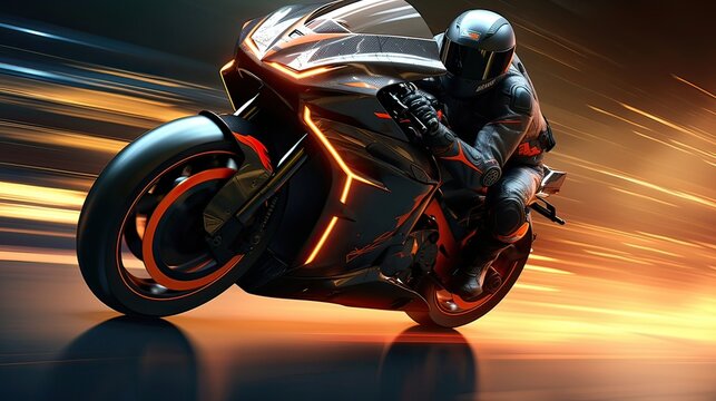 A high-speed racing motorbike streaks across the track, a symbol of agility, speed, and cutting-edge engineering. Speed demon, racing prowess, precision handling, aerodynamic design. Generated by AI.