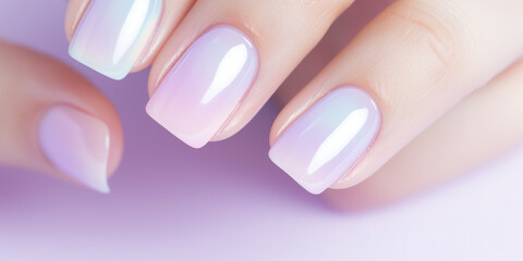 Purple Nail Polish. Close-up of woman hand, pale purple manicure on lilac background.