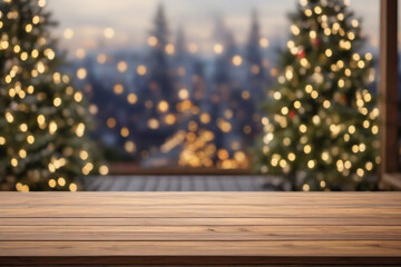 Fototapeta na wymiar Wooden table in front of blurred christmas tree with bokeh background