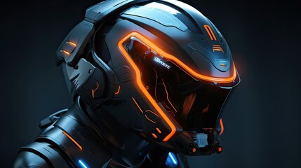 The high-tech sci-fi helmet with an augmented reality interface exemplifies futuristic innovation. Futuristic innovation, visual augmentation, augmented interface, sleek design. Generated by AI.