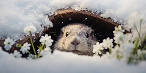 Groundhog Peaking Out of Snowy Hole. Cute Groundhog Emerging from Burrow. Happy Groundhog Day. - obrazy, fototapety, plakaty