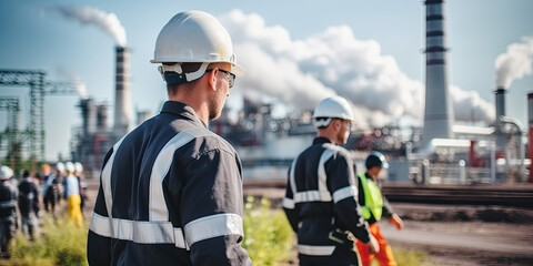 Obraz premium A group of engineers in helmets against the backdrop of a factory, smoke from the chimneys.
