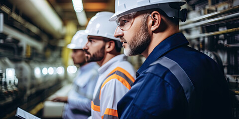 Obraz premium Focused industrial engineer in helmet discussing construction plans with a colleague, highlighting professionalism and teamwork.