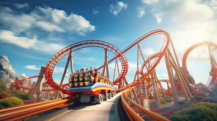 Exciting, swift motion, roller coaster adventure, amusement park excitement, adrenaline rush, exhilarating ride. Generated by AI.