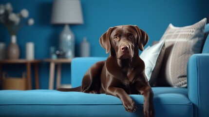 Labrador Lounging: Cozy Blue Living Room with Cute Companion