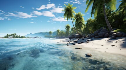 An enchanting portrayal of a pristine tropical island with sun-kissed shores and lush, vibrant foliage. Secluded paradise, serene beauty, idyllic escape. Generated by AI.
