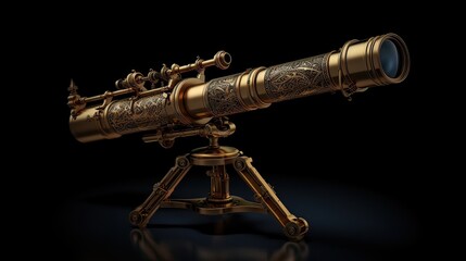 Captivating antique brass telescope, an exquisite relic from the past. Historic, ornate, collectible, celestial, optical instrument, vintage, polished, timeless, nostalgia. Generated by AI.