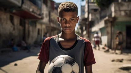 Fototapeten Rio's Favela Portrait: Brazilian Boy with Soccer Ball © Artem