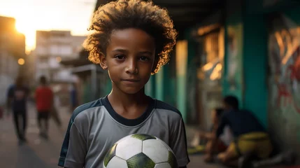 Abwaschbare Fototapete Rio's Favela Portrait: Brazilian Boy with Soccer Ball © Artem