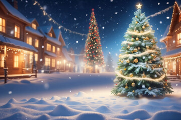 Christmas winter blurred background. Xmas tree with snow decorated. New year Winter art design with copy space.