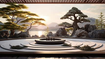Pruned bonsai, raked gravel, serene landscape, meditation, peaceful ambiance, traditional design, serene Zen retreat, mindfulness, Asian aesthetics. Generated by AI. - obrazy, fototapety, plakaty