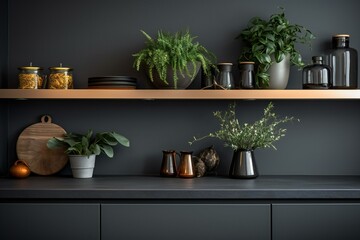 Modern kitchen countertop with plants and glass jars on black wall