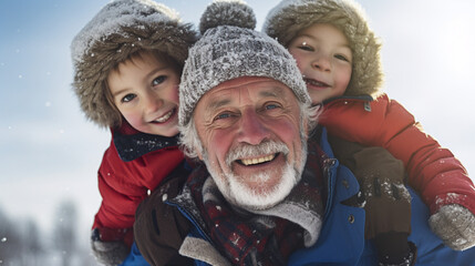Grandfather and niece playing outdoors in the snow, winter fun activities  - 689001792