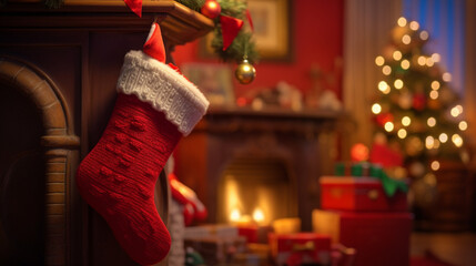 santa claus red socks with christmas gifts by the fireplace - 689001798