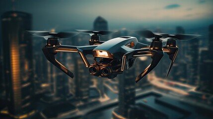 Dynamic, modern drone, stable hover, advanced aerial capabilities, precise flight, technological finesse. Generated by AI. - obrazy, fototapety, plakaty