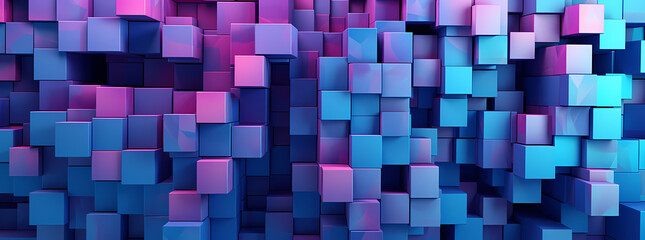 abstract blue pink and purple square wall texture, in the style of blocky, cubist, three-dimensional puzzles, rendered in cinema4d, luminous 3d objects, abstract