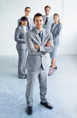Team leader smile, arms crossed and business portrait man, lawyer or advocate legal pride,...