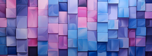 a pattern of blue and pink colored blocks on a background, in the style of lightbox, photobashing, glazed surfaces, contemporary candy-coated, abstraction-création, light purple, three-dimensional puz