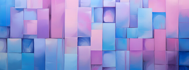 abstract pink and blue blocks, in the style of realistic color schemes, light violet, colorful installations, glossy finish, abstraction-création, shaped canvas