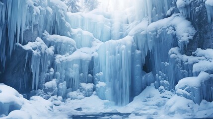 Enchanting portrayal of a frozen waterfall embellished with icicles. Enchanting, frozen waterfall, icicles, glimmering curtain, winter enchantment, icy elegance. Generated by AI.