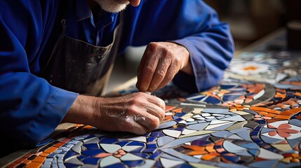 Skilled tile setter meticulously crafting an intricate and detailed mosaic pattern. Precision craftsmanship, elaborate design, meticulous tile arrangement, artistic creation. Generated by AI. - obrazy, fototapety, plakaty