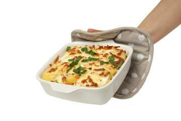 Concept of tasty and delicious homemade food - potato casserole, isolated on white background