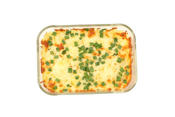 Concept of tasty and delicious homemade food - potato casserole, isolated on white background