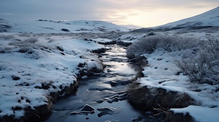 Picturesque, frozen stream, snowy meadow, tranquil landscape, serene allure, winter charm. Generated by AI.